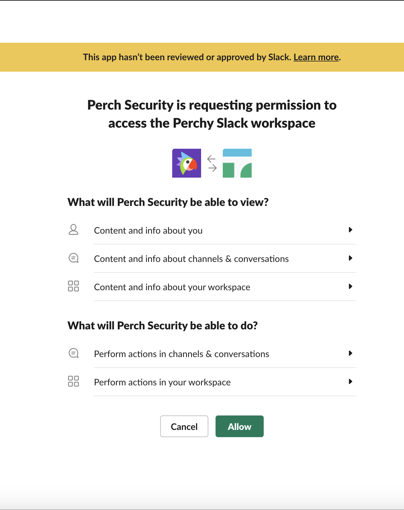 Allow Perch Security to Access Slack Workspace